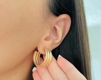 Gold Triple Hoop Earrings, Chunky Gold Hoops, Triple Band Hoop Earrings, Gold Filled Hoop Earrings, Thick Gold Hoops, Textured Bold Hoops