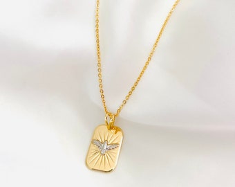 Holy Spirit Necklace, Dove Necklace, 18k Gold Filled Necklace, Rectangle Medal Necklace, Religious Jewelry, Communion Gift, Catholic Jewelry