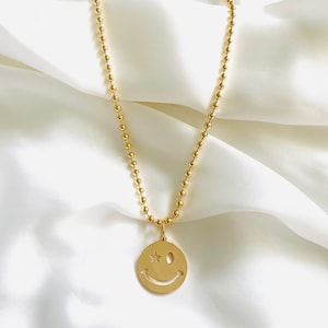 Smiley Face Beaded Necklace, 18k Gold Filled Happy Face Beaded Necklace, Emoji Face Necklace, Gold Face Coin Necklace, Gold Beaded Necklace