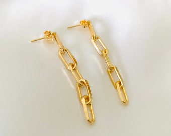 Paperclip Earrings, Chunky Chain Link Earrings, 18k Gold Filled Dangle Earrings, Rectangle Link Chain Earrings, Gold Drop Stud Earrings