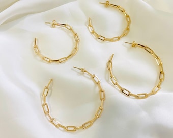 Paper Clip Link Hoops, Large Hoops, Medium Hoop Earrings, Rectangle Link Hoops, Chain Link Hoops, 18k Gold Filled Hoops, Trending Hoops