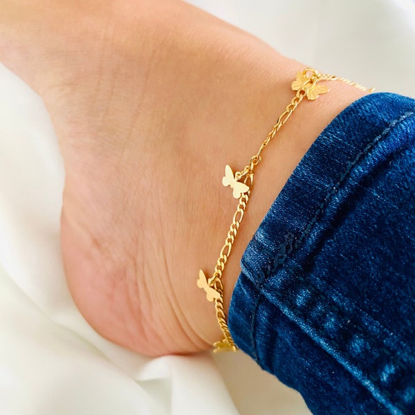 Gold Butterfly Anklet, 18k Gold Filled ButterFly Figaro Chain Anklet, Dangling Butterfly Charm Anklet, Gold Charm Butterfly Anklet
