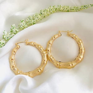 Large Bamboo Hoops, 18k Gold Filled Hoop Earrings, Chunky Hoops, Gold Bamboo Hoops, Lightweight Statement Hoops, Boho Hoop Earrings