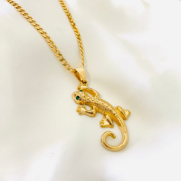 18k Gold Filled Lizard Necklace, Gold Gecko Pendant Chain Necklace, Lizard Chain Necklace, Gold Lizard Pendant Necklace, Animal Jewelry