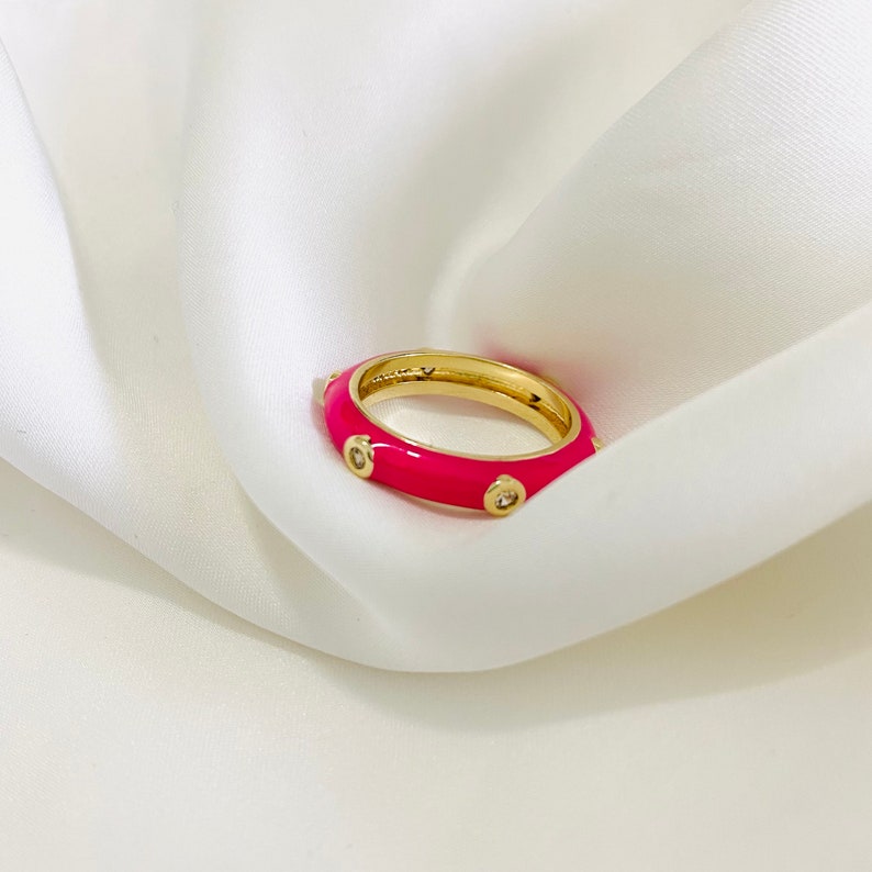 Colorful Enamel Ring, Multi Color Enamel Band, Multi-Color Stacking Ring, Colored Stacking Rings, 18k Gold Filled Ring, Rings, Gift for her Hot Pink