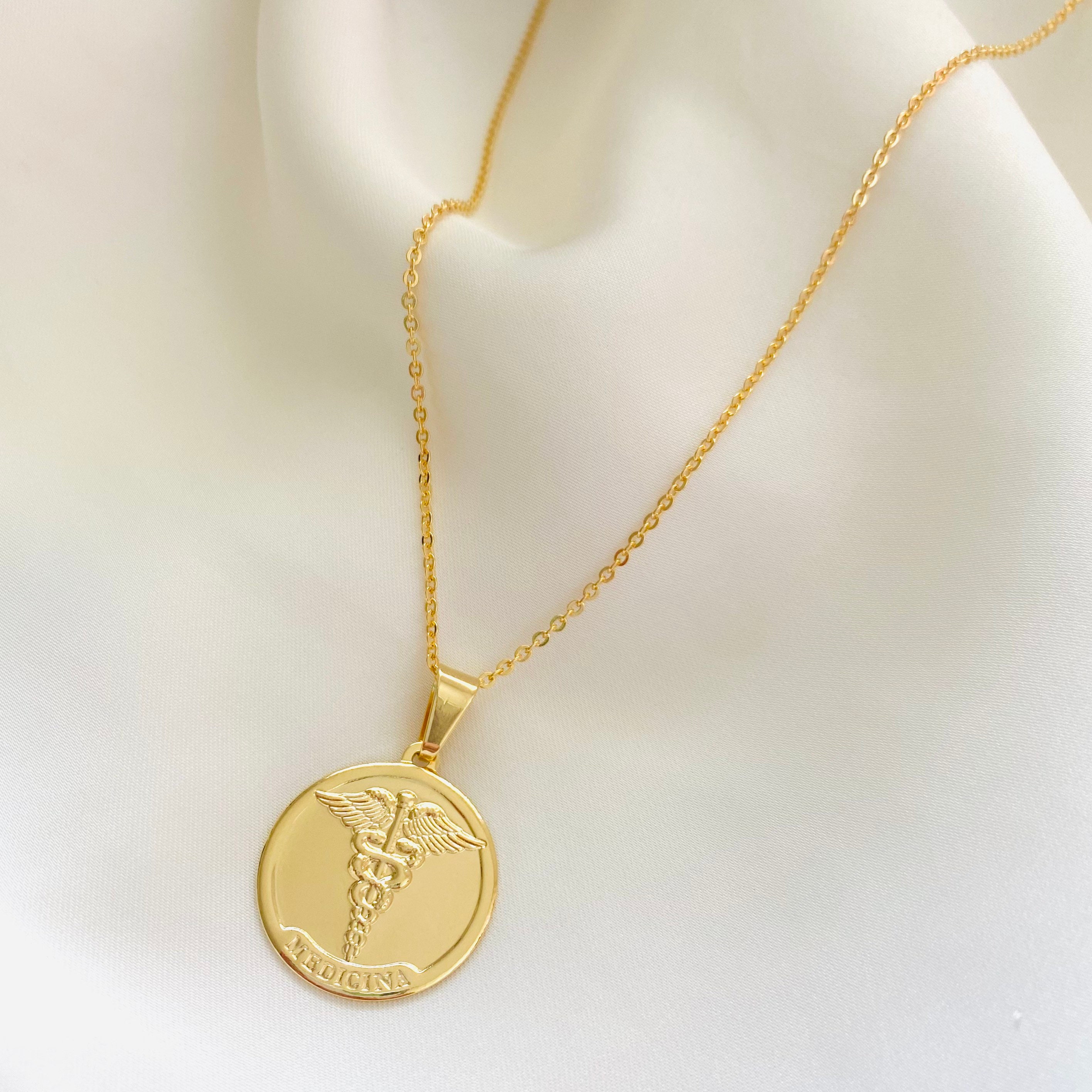 Medical Symbol Necklace Caduceus Necklace Gold Coin Etsy
