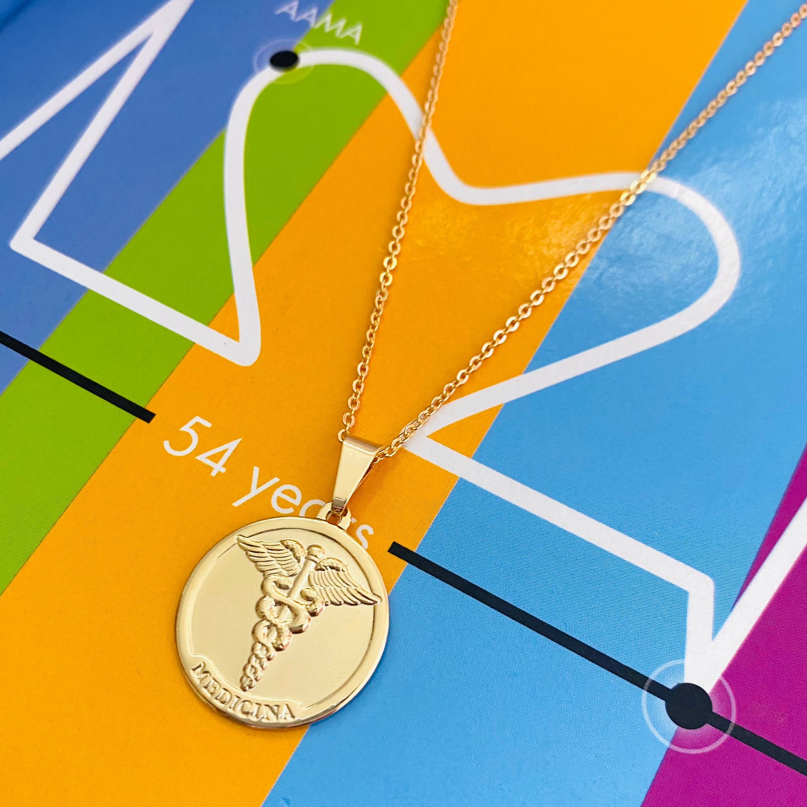 Medical Symbol Necklace Caduceus Necklace Gold Coin Etsy