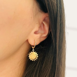 Gold Sun Hoop Earrings, Sun Face Earrings, Gold Filled Mini Sun Hoops, Sunburst Earrings, Dainty Gold Hoops, Celestial Earrings