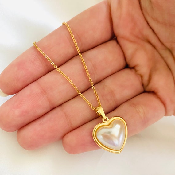 Heart Pearl Necklace, Pearl Necklace, 18k Gold Filled Heart