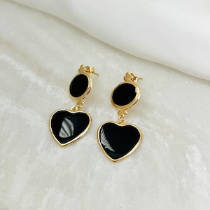 Heart Earrings Dangle, Gold Filled Stud Earrings, Black & Gold Earrings, Black Heart Earrings, Gold Drop Earrings, Hypoallergenic Earrings