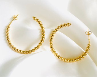 18k Gold Filled Beaded Hoops, Ball Hoop Earrings, Beaded Earrings, Medium Gold Hoops, Gold Hoop Earrings, Boho Hoop Earrings