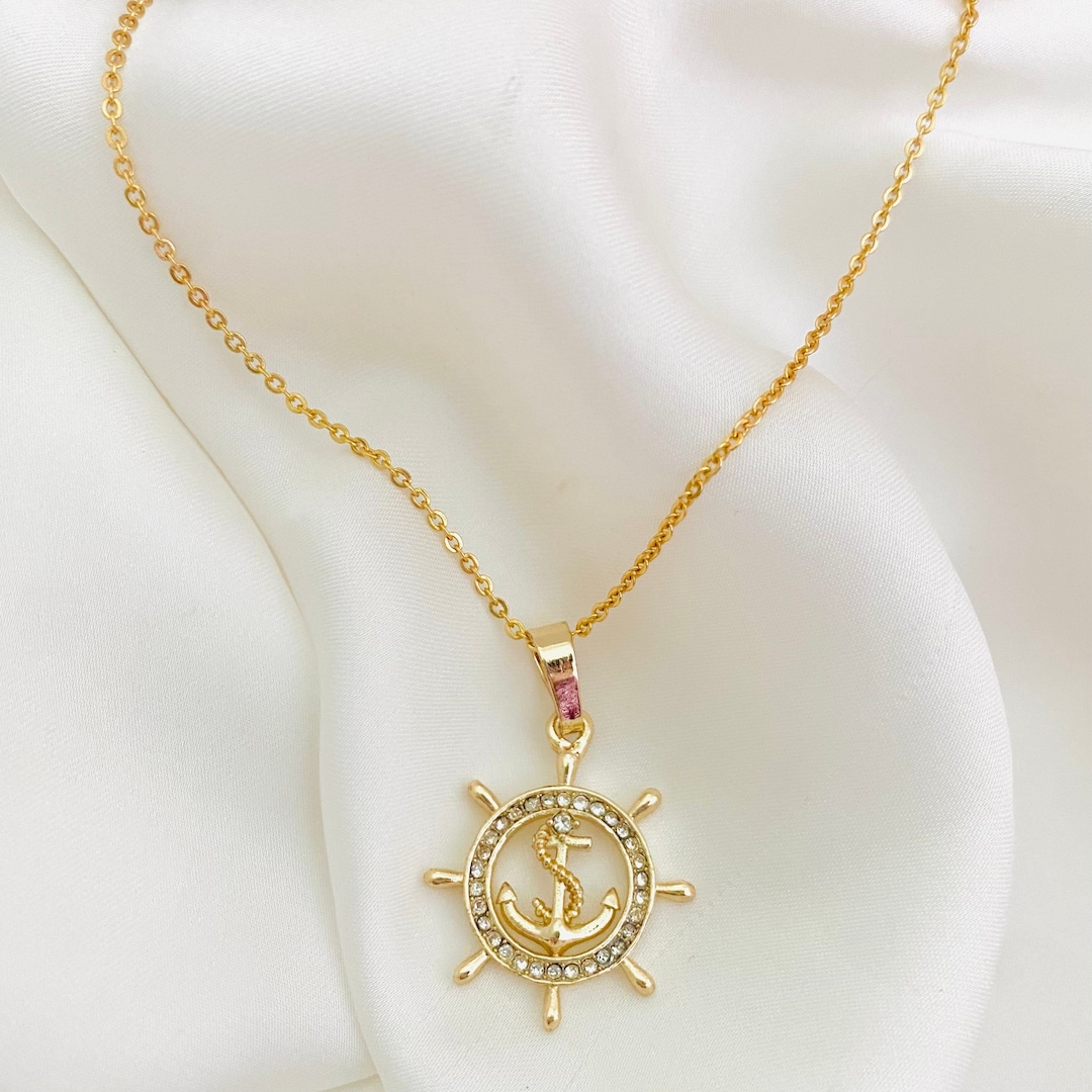 18k Gold Filled Boat Steering Wheel Necklace, Gold Anchor Necklace