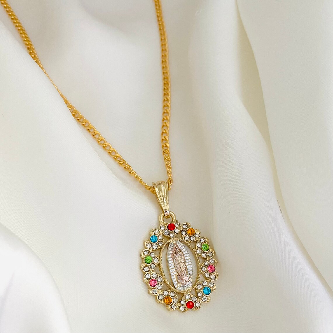 Our Lady of Guadalupe Necklace, Colorful Virgin Mary Charm Necklace ...