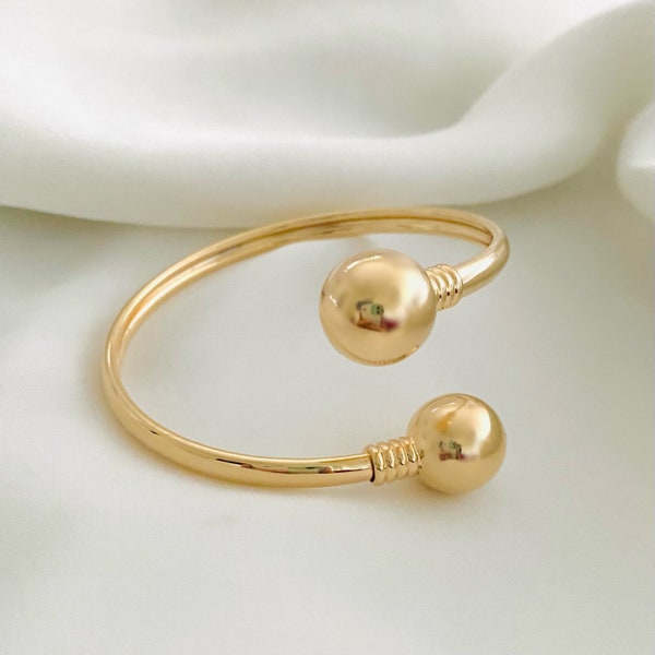 Double Ball Bracelet, Ball End Bangle, 18k Gold Filled Open Cuff Bangle, Classic Gold Bangle, Adjustable Cuff Bracelet