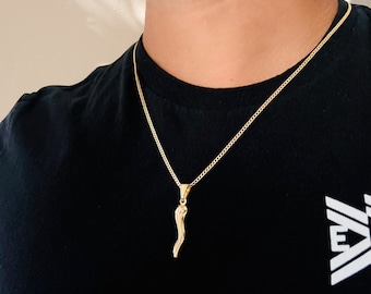 Italian Horn Necklace, Men&#39;s Italian Horn Chain, Italian Carnicello, Gold Filled Cuban Link Chain, Chili Pepper Necklace
