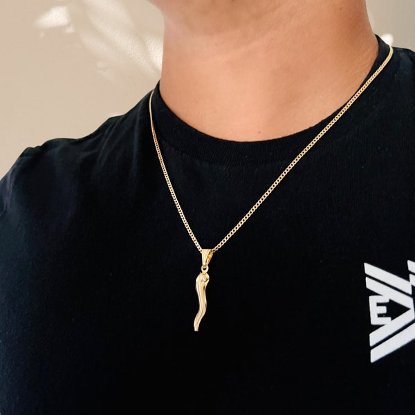 Italian Horn Necklace, Men's Italian Horn Chain, Italian Carnicello, Gold Filled Cuban Link Chain, Chili Pepper Necklace