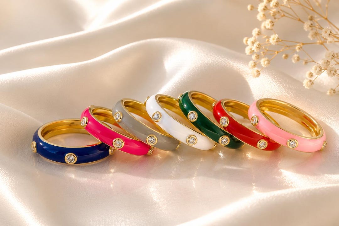 Colorful Enamel Ring, Multi- Color Enamel Band, Multi-color Stacking ...