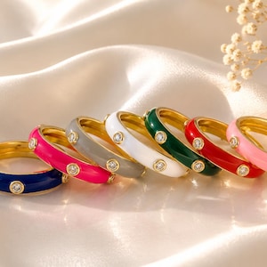 Anel de esmalte colorido, aliança de esmalte multicolorida, anel para usar em conjunto com outros anéis, anéis coloridos para usar juntos, anel banhado a ouro 18k, anéis, presente para ela