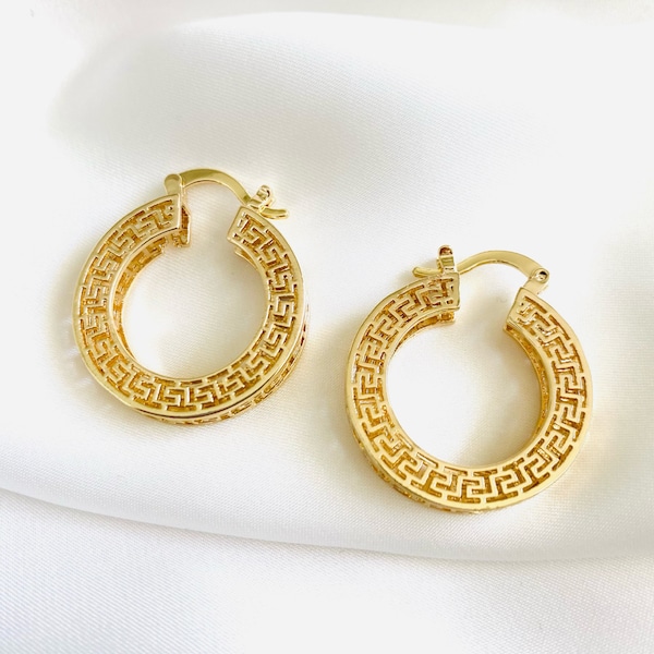 Greek Hoops, Greek Style Hoops, Greek Engraved Earrings, 18k Gold Filled Gold Hoop Earrings, Gold Chunky Hoop Earrings, Gold Medium Hoops