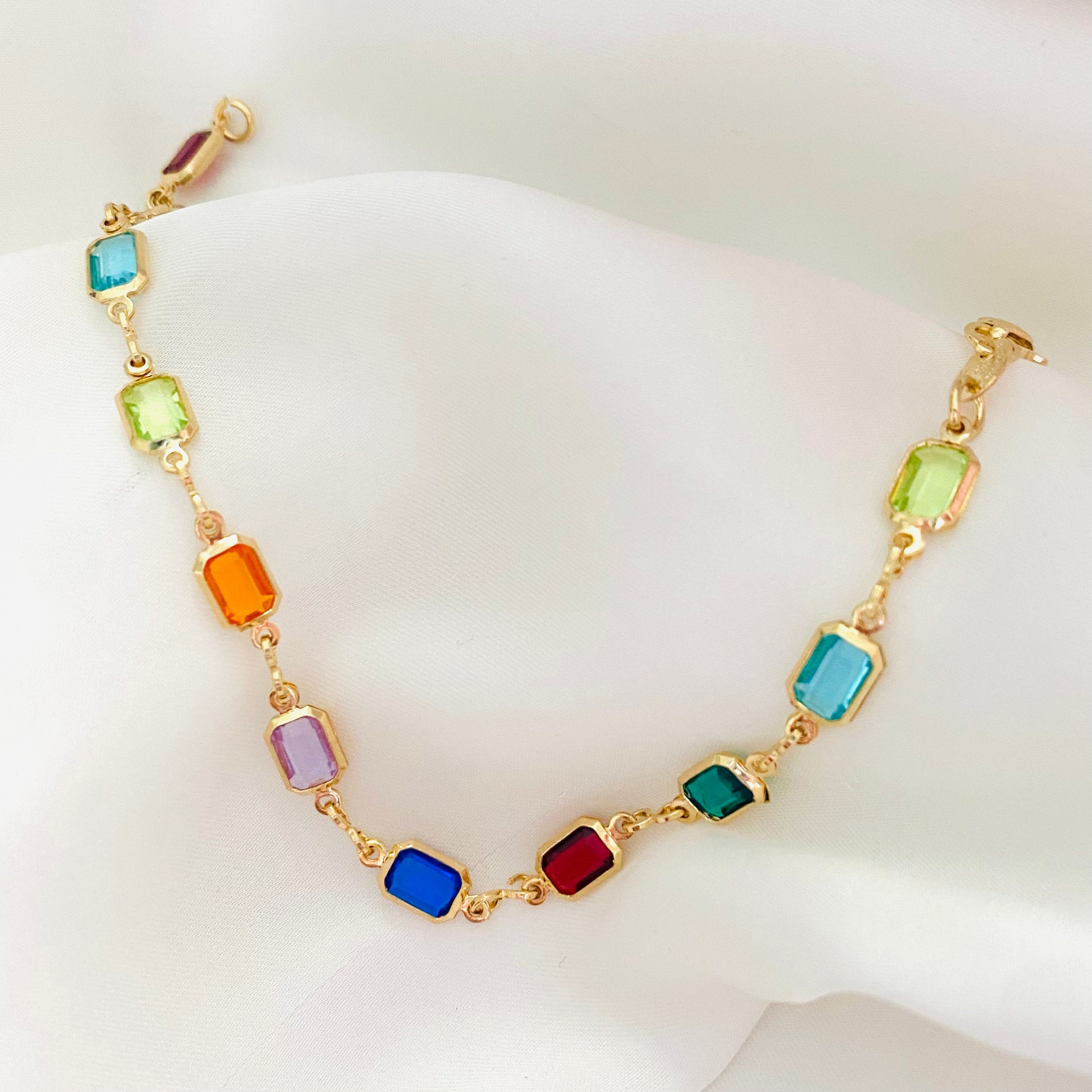 Multicolor Stone Anklet, Rectangular Cubic Zirconia Stone Anklet, 18k ...