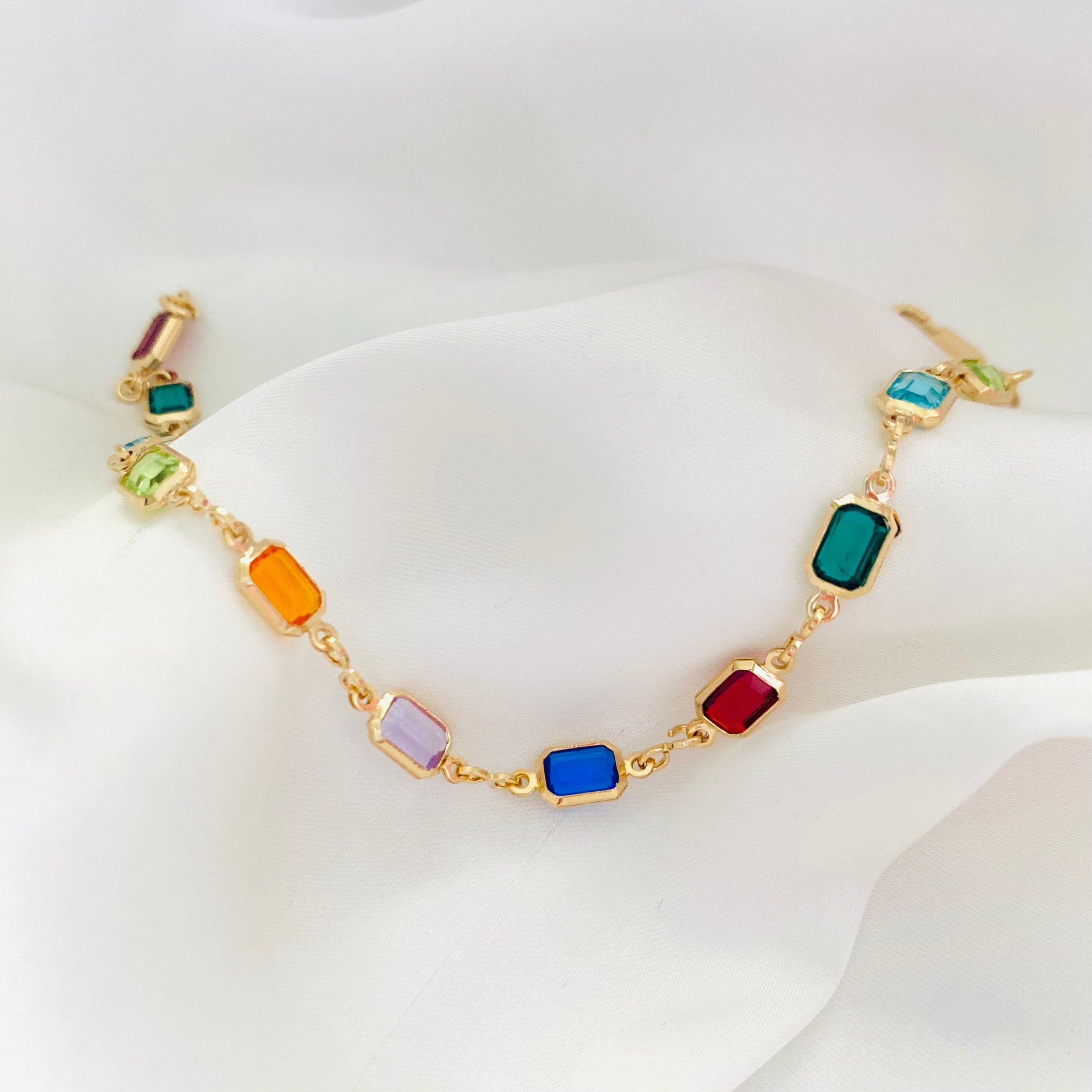 Multicolor Stone Anklet, Rectangular Cubic Zirconia Stone Anklet, 18k ...