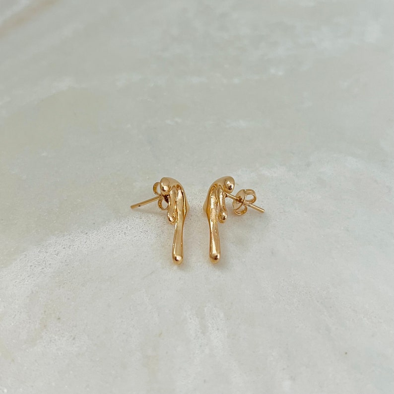 Gold Dripping Earrings, Melting Earrings, Gold Filled Mismatched Earrings, Abstract Stud Earrings, Slime Drip Stud Earrings image 2