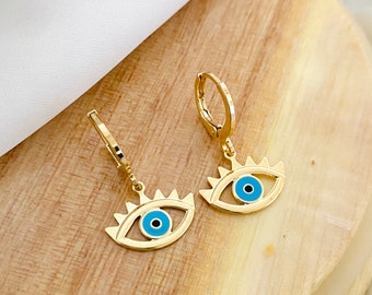 Evil Eye Huggie Hoops, Blue Evil Eye Earrings, Mini Charm Hoops, 18k Gold Filled Small Hoop Earrings, Evil Eye Jewelry, Protection Jewelry