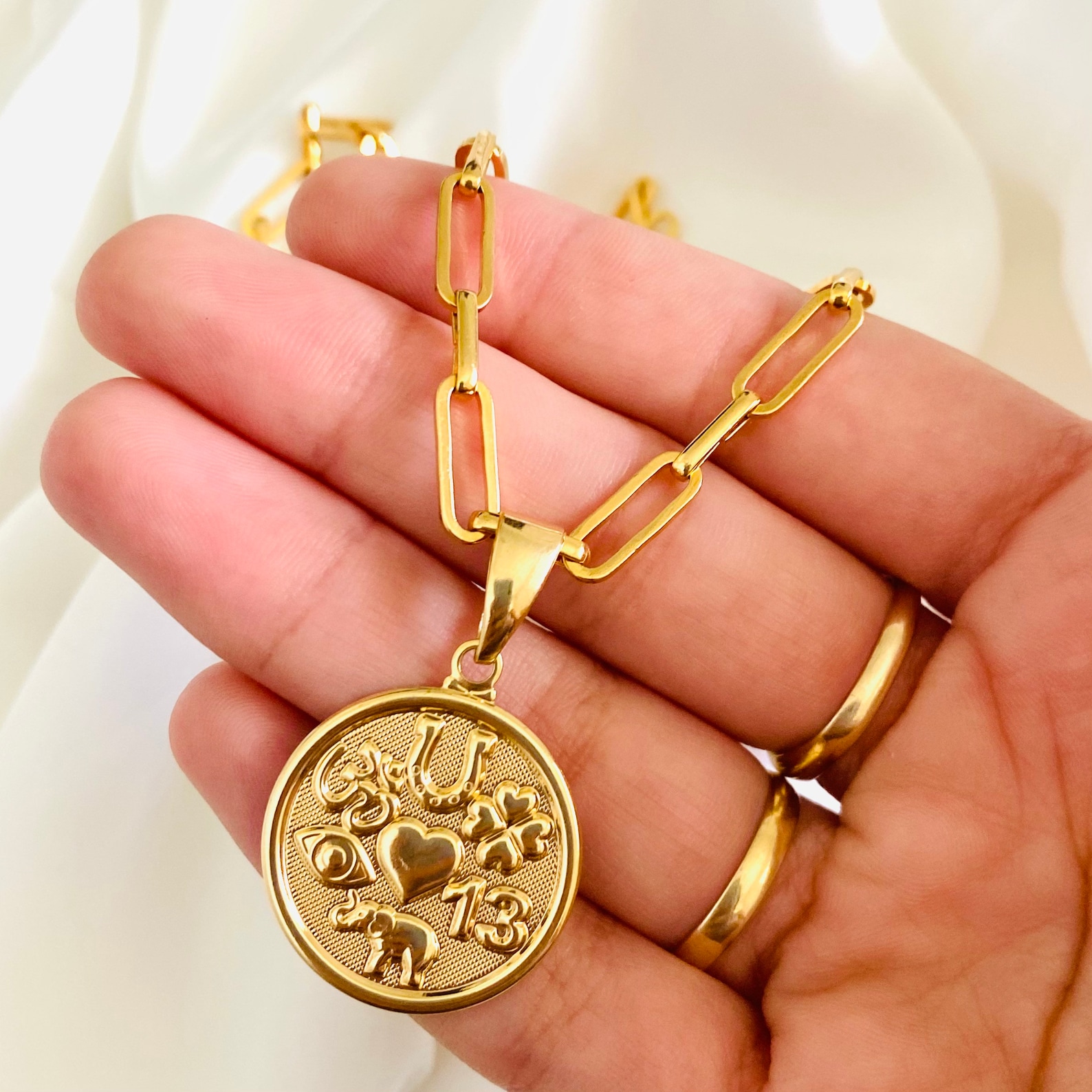 Lucky Charm Coin Necklace Talisman Charm Necklace 18k Gold Etsy