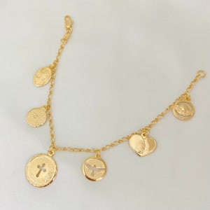 Religious Charm Bracelet, Religious Jewelry, Coin Bracelet, 18k Gold Filled Charm Bracelet, Our Father Charm Bracelet, Holy Spirit Bracelet