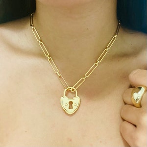 18k goud gevulde 5mm paperclip slot ketting ketting, paperclip ketting, ketting met hartslot hanger, rechthoek link ketting met hanger