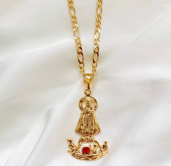 Cadena de la Virgen de la Caridad del Cobre bañada en oro de 18 quilates, collar de cadena de Nuestra Señora de la Caridad para hombre, collar católico para hombre, joyería religiosa
