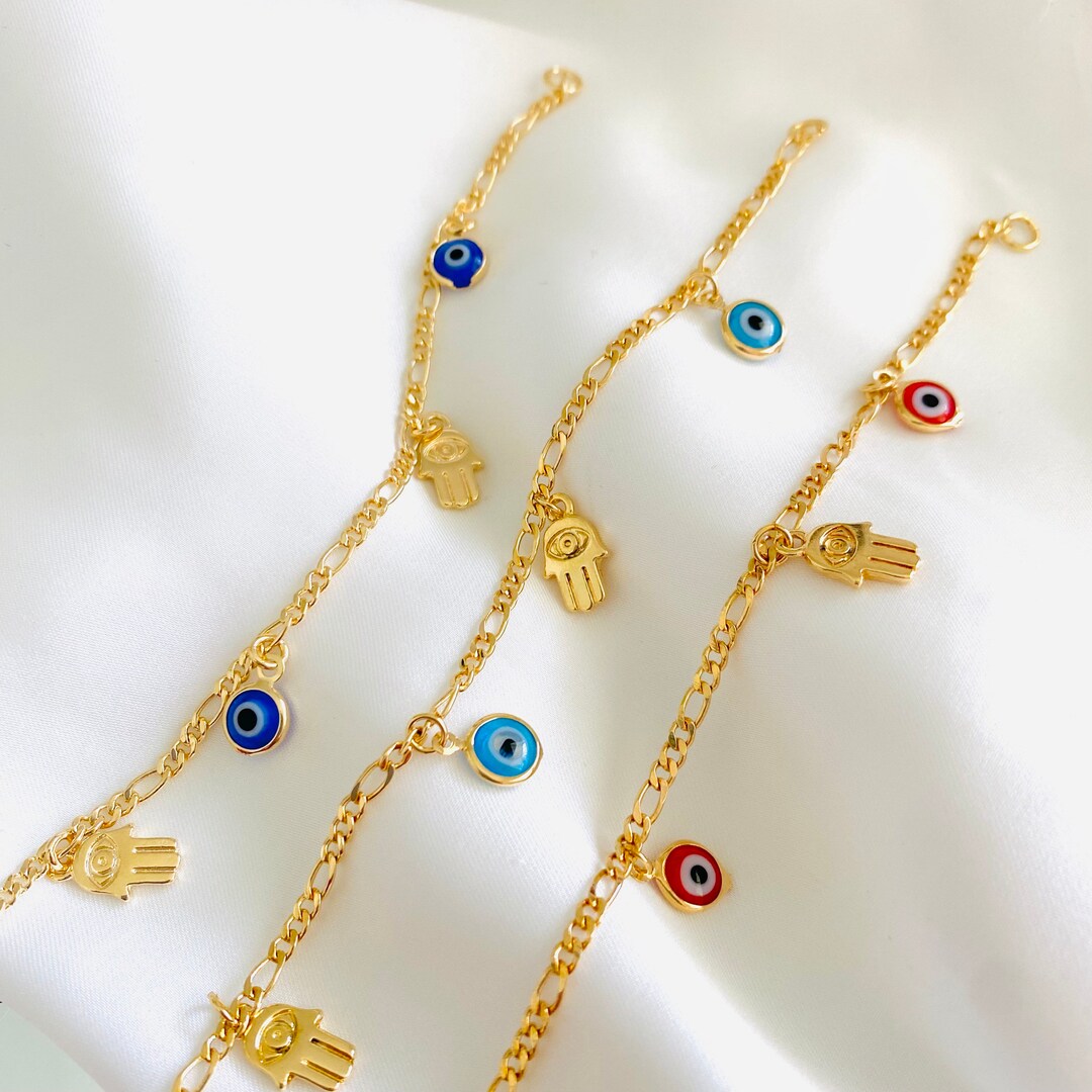 Evil Eyes Bracelet With Hamsa Hands, 18k Gold Filled Evil Eye Bracelet