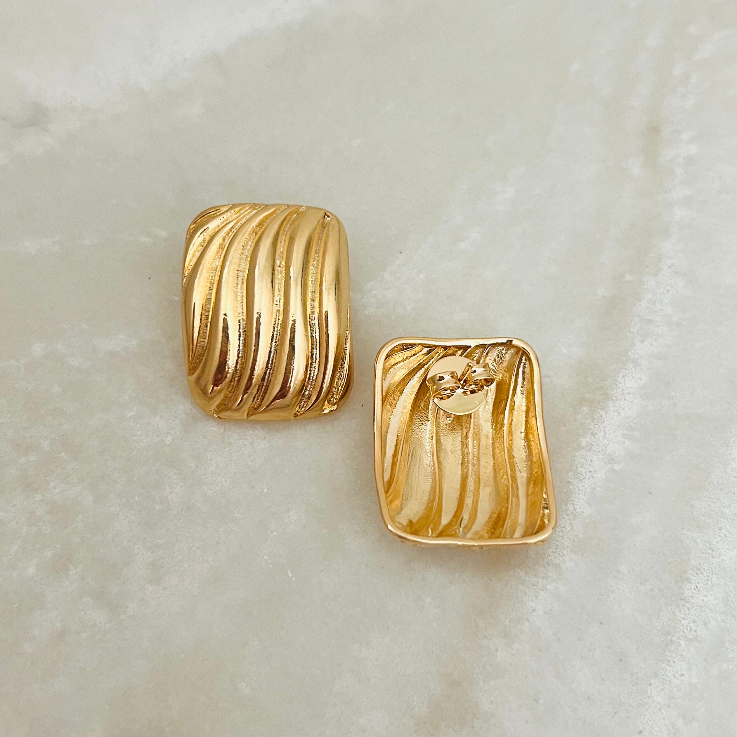 Gold Chunky Square Stud Earrings For Women - Geometric Textured Vintage Statement Jewelry, 18k Gold Plated - View #9