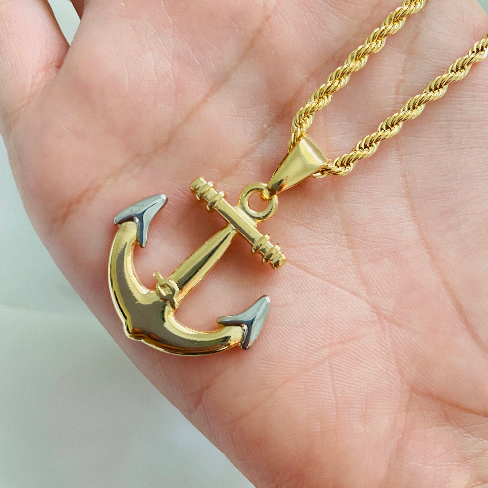 Men's Anchor Chain Necklace 18k Gold Filled Rope Etsy