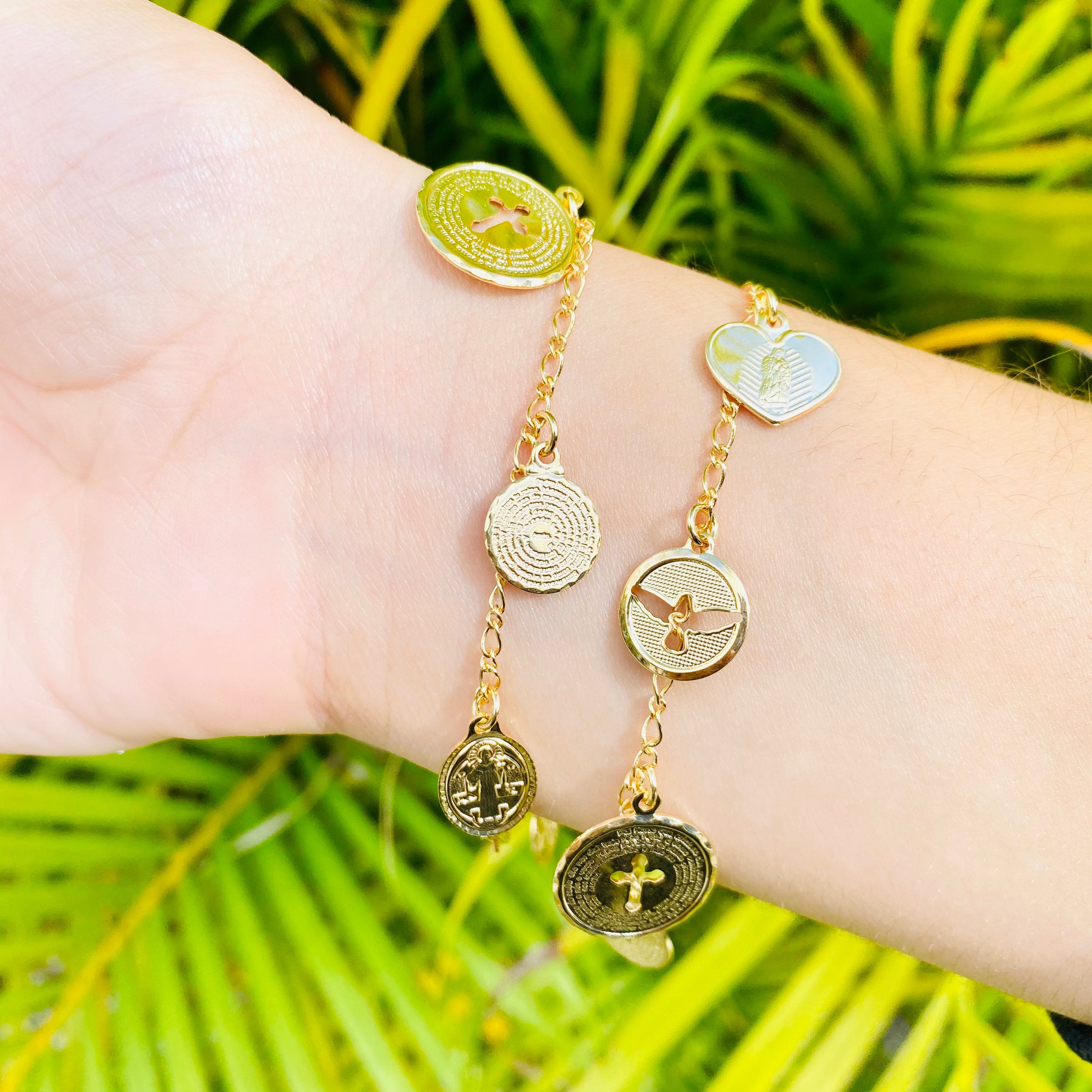 Religious Charm Bracelet, Religious Jewelry, Coin Bracelet