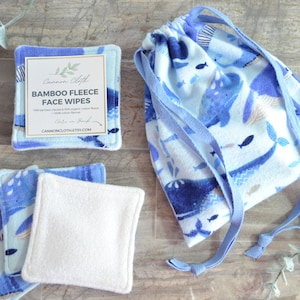 Reusable Makeup Remover Pad / Bamboo Fleece Face Cloth / Soft Makeup Remover Wipe / Blue Whales Flannel Face Wipe / Reusable Facial Round