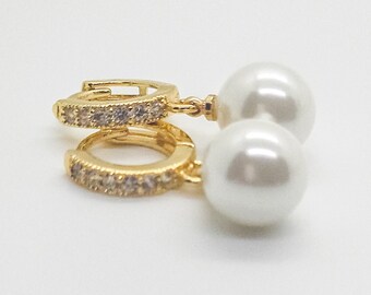 Boucles D'oreilles Pendantes En Or 14K – Diamants Ronds (0,98 Ct) Et Perle, 32 Mm, Neuves étiquetées