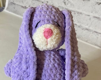 Handmade plush small crochet sleeping bunny with long ears, great gift for baby