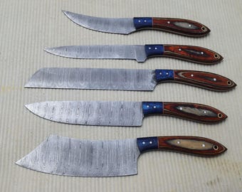 Damascusstalen messenset van 5 op maat gemaakte handgemaakte gesmede chef-keuken met vast mes # A-16