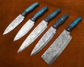 Juego de cuchillos de cocina personalizados de acero al carbono forjados a mano con mangos de madera # A-20