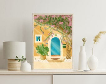 May include: A framed illustration of a blue door with a yellow building and a tree with pink flowers. The door is open and the sun is shining through.