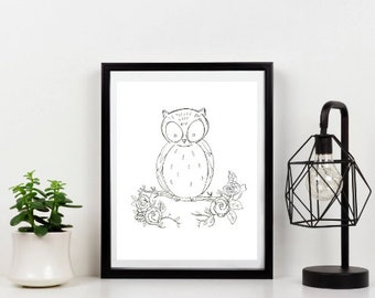 Instant Downloadable Print of Original Art Decor "Flower Owl"