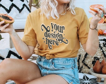Bella Canvas 3001 Mockup | Bella Canvas Mustard Shirt | Tshirt Mockup | Spring Shirt Mockup | Summer T-Shirt Mockup | Model Mockup