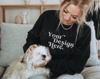 Gildan 18000 Black Mockup | Gildan Sweatshirt Mockup | Lifestyle Mockup With Dog | Dog Shirt Mockup | Mockup With Dog | Model Mockup