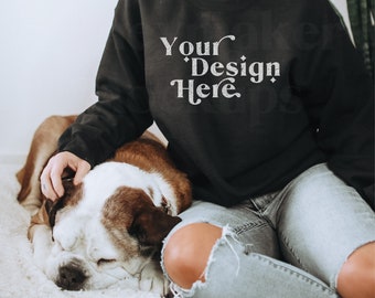 Gildan 18000 Black Mockup | Gildan Sweatshirt Mockup | Lifestyle Mockup With Dog | Dog Shirt Mockup | Mockup With Dog | Model Mockup