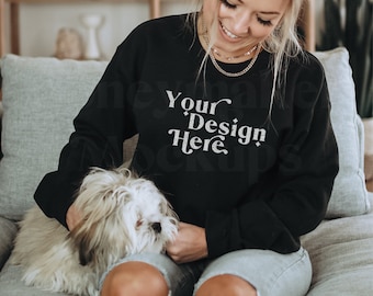 Gildan 18000 Black Mockup | Gildan Sweatshirt Mockup | Lifestyle Mockup With Dog | Dog Shirt Mockup | Mockup With Dog | Model Mockup