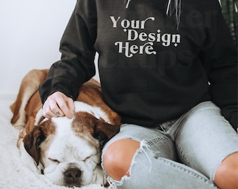 Gildan 18000 Black Mockup | Gildan Sweatshirt Mockup | Lifestyle Mockup With Dog | Dog Shirt Mockup | Mockup With Dog | Model Mockup