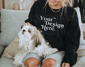 Gildan 18000 Black Mockup | Gildan Sweatshirt Mockup | Lifestyle Mockup With Dog | Dog Shirt Mockup | Mockup With Dog | Model Mockup