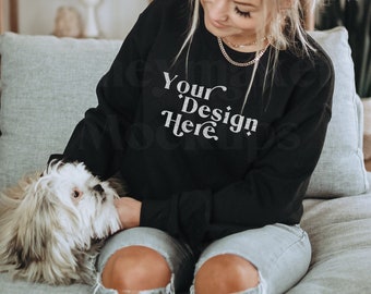 Gildan 18000 Black Sweatshirt Mockup | Lifestyle With Dog