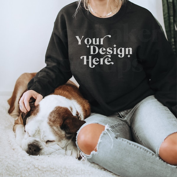 Gildan 18000 Black Mockup | Gildan Sweatshirt Mockup | Lifestyle Mockup With Dog | Dog Shirt Mockup | Mockup With Dog | Model Mockup